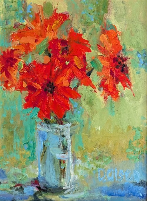 "Gerberea Daisies in a Caper Jar" by Dana Olsen